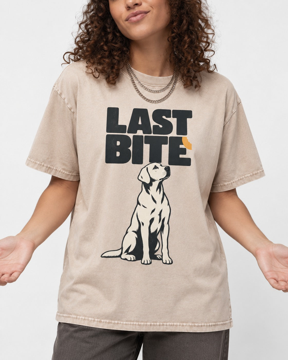 Labrador Retriever's Last Bite Washed Tee in Apricot, worn by a model, front view