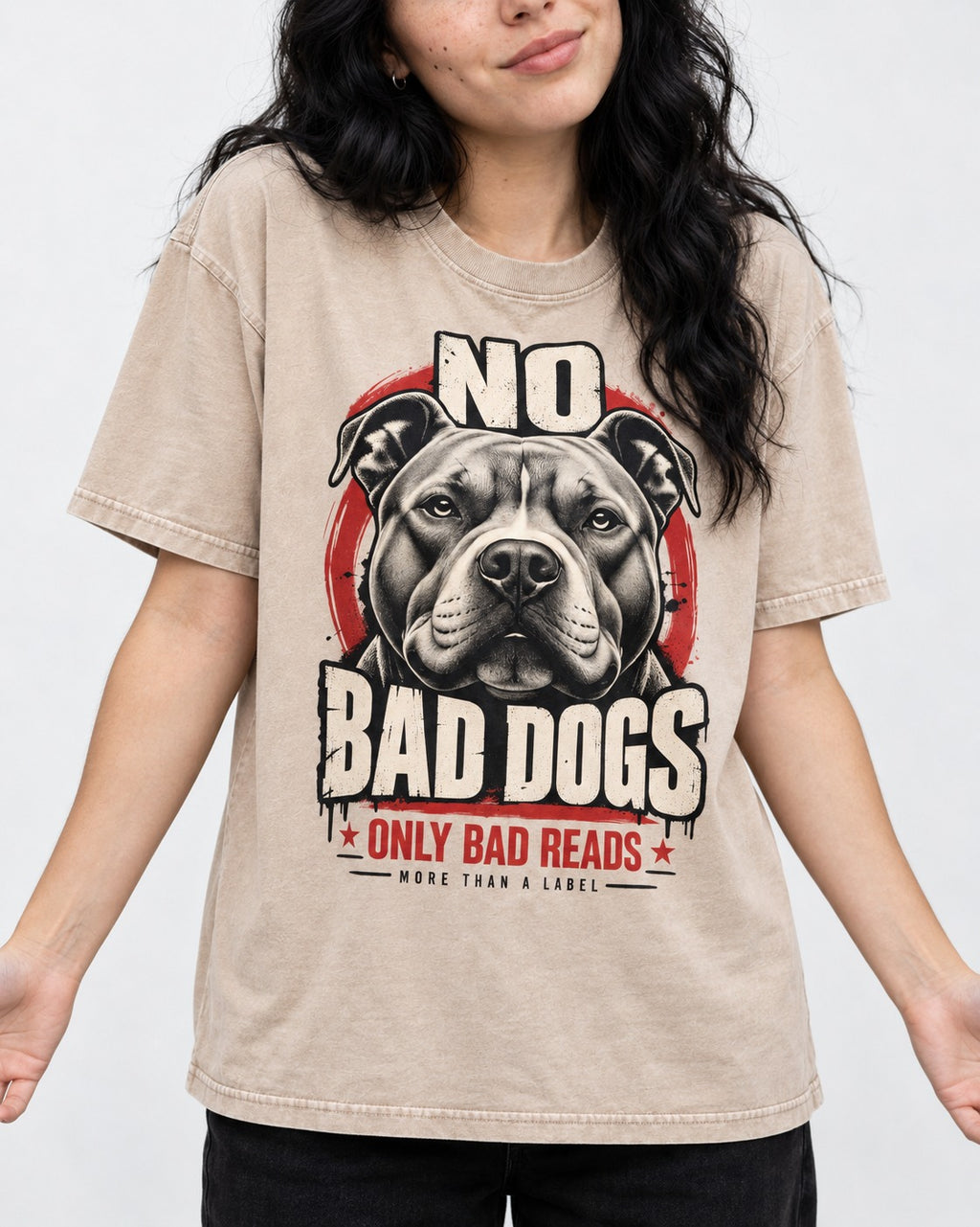 Pitbull Only Bad Reads Washed Tee in Apricot, worn by a model, front view