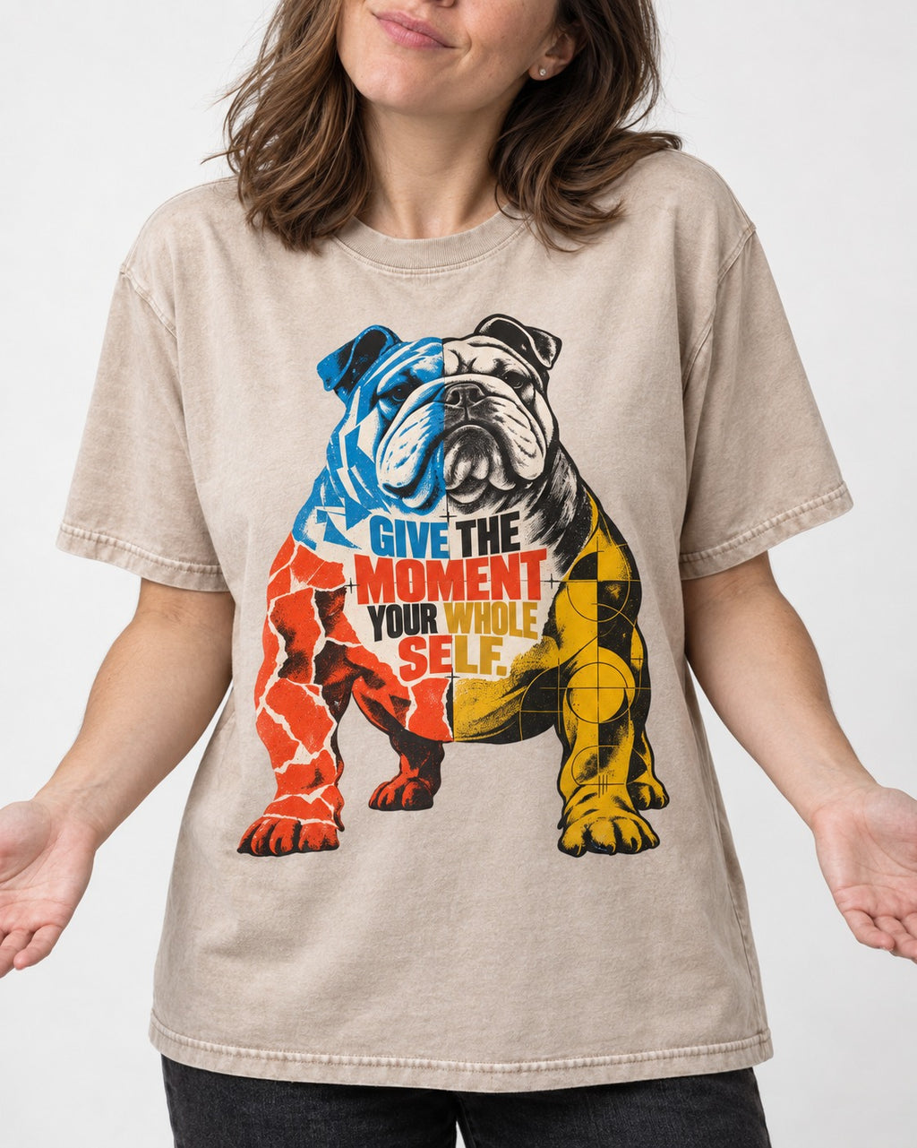 English Bulldog Give Your Whole Self Washed Tee in Apricot, worn by a model, front view