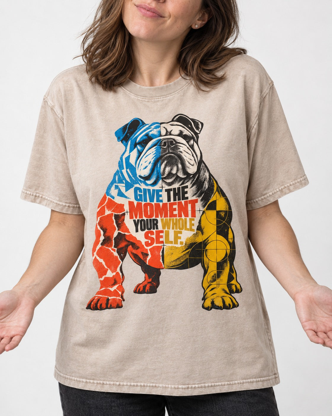 English Bulldog Give Your Whole Self Washed Tee in Apricot, worn by a model, front view