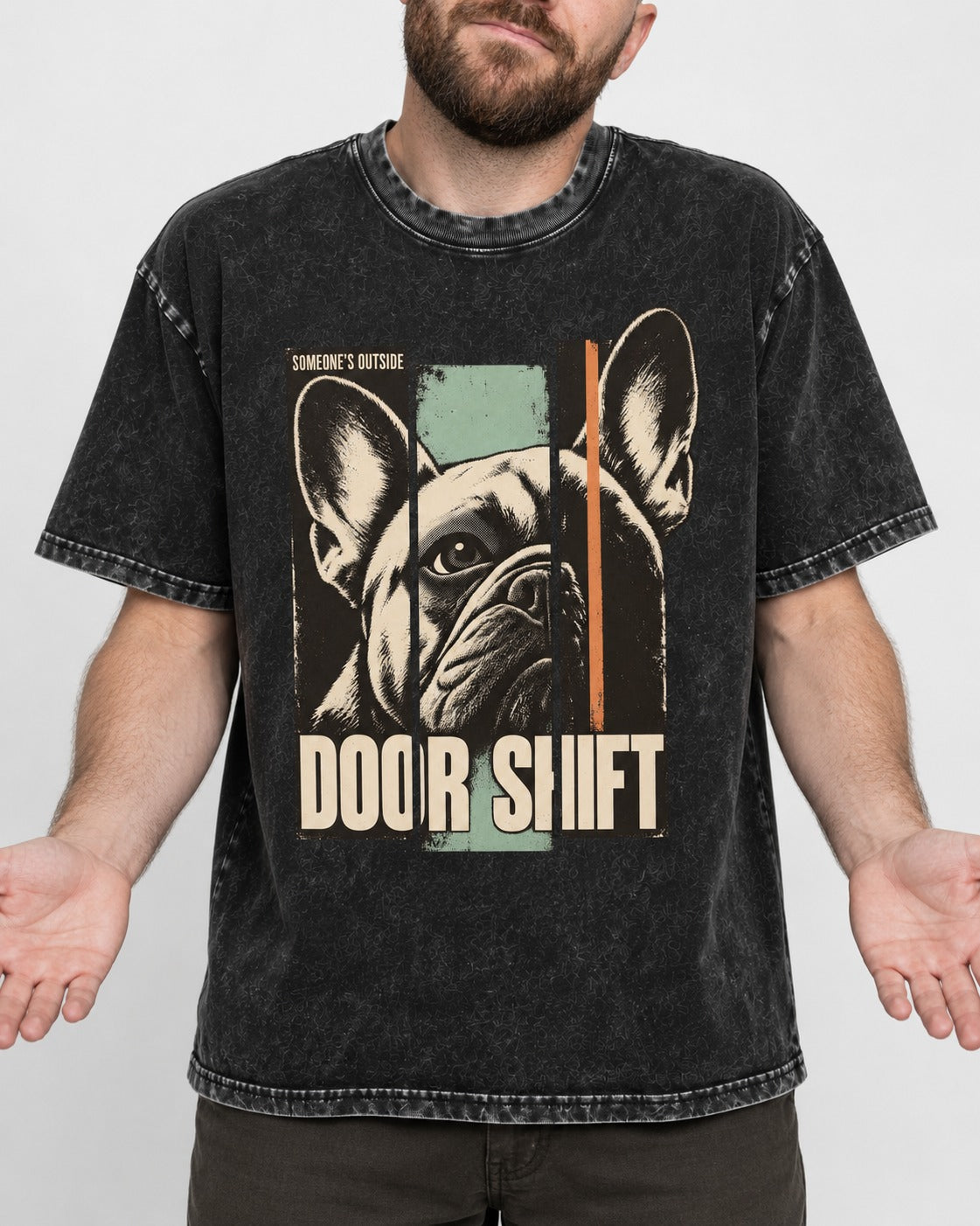 Frenchie Someone's Outside Door Shift Graphic Washed Tee in Black, worn by a model, front view