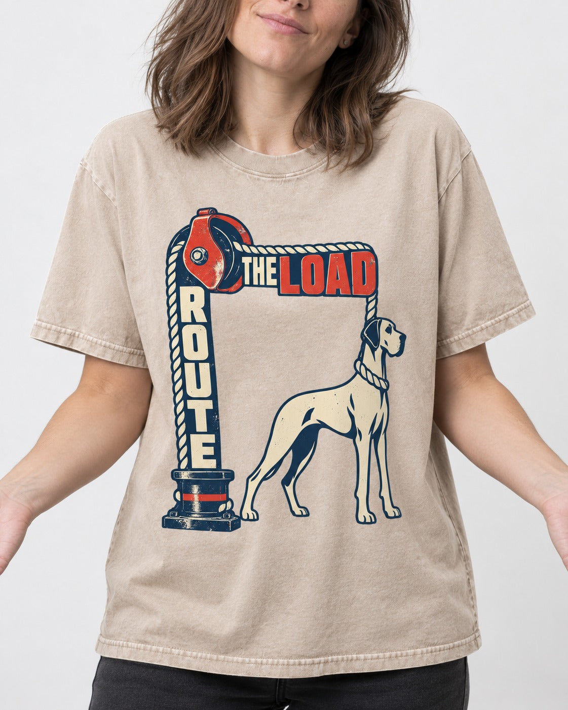 Great Dane Route the Load Washed Tee in Apricot, worn by a model, front view