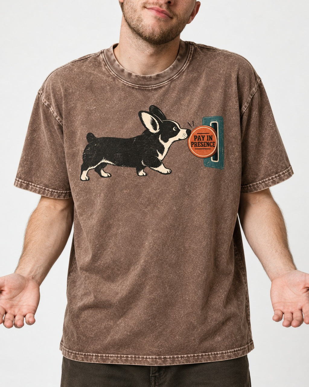 Corgi Pay in Presence Washed Tee in Coffee, worn by a model, front view