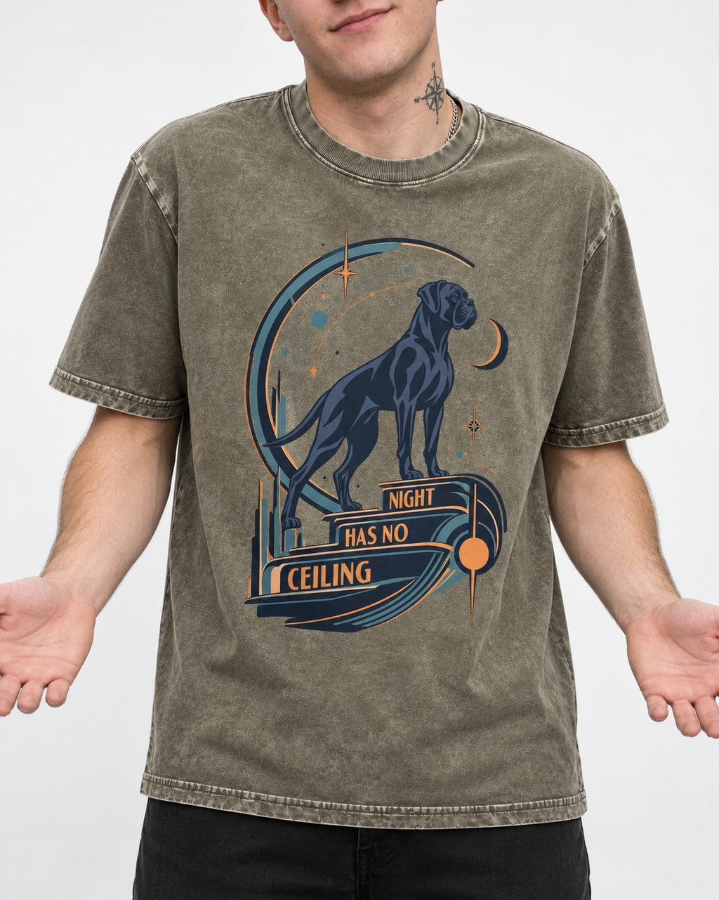 Night Has No Ceiling Boxer Cosmic Graphic Washed Tee in Army Green, worn by a model, front view