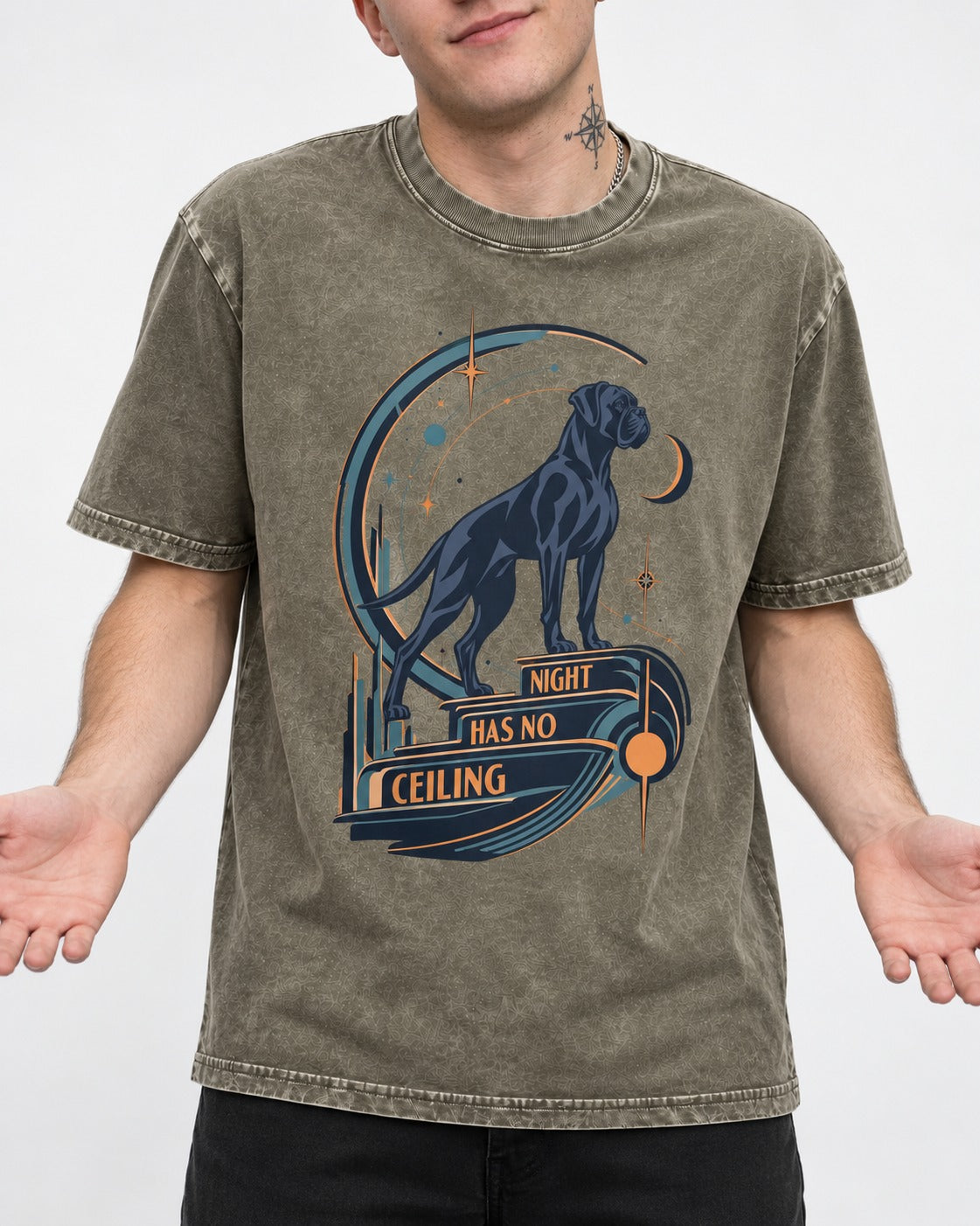 Night Has No Ceiling Boxer Cosmic Graphic Washed Tee in Army Green, worn by a model, front view