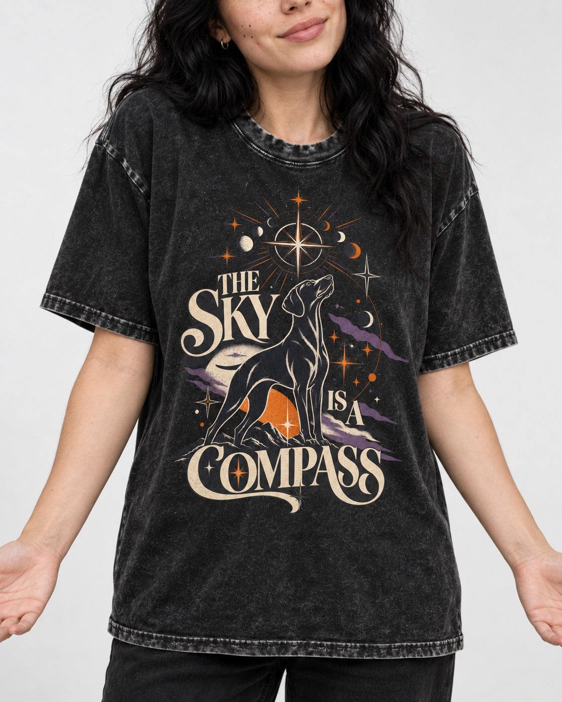 The Sky Is a Compass Celestial German Shorthaired Pointer Graphic Washed Tee in Black, worn by a model, front view