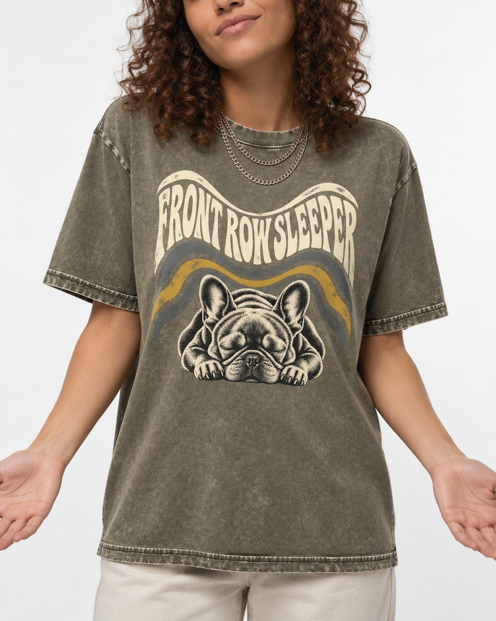 Frenchie Front Row Sleeper Retro Graphic Washed Tee in Army Green, worn by a model, front view