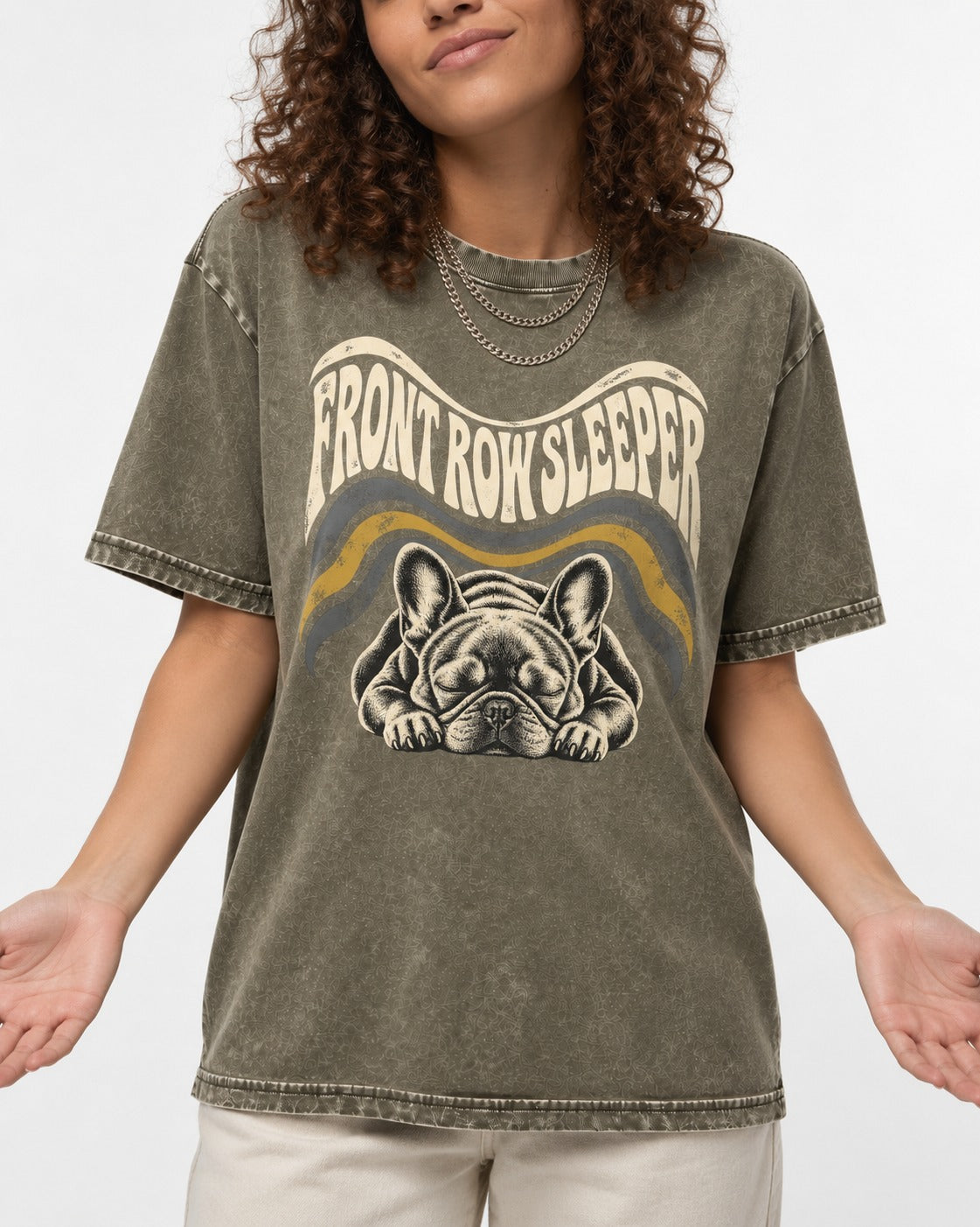 Frenchie Front Row Sleeper Retro Graphic Washed Tee in Army Green, worn by a model, front view
