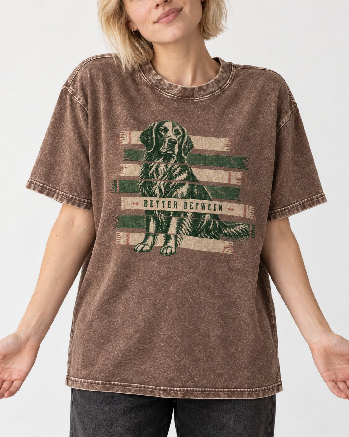 Golden Retriever Better Between Washed Tee in Coffee, worn by a model, front view
