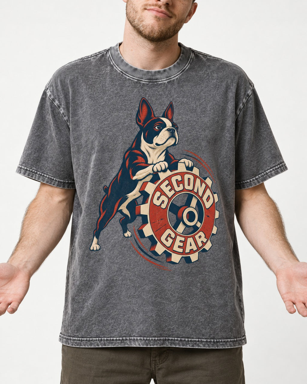 Second Gear Boston Terrier Graphic Washed Tee in Gray, worn by a model, front view