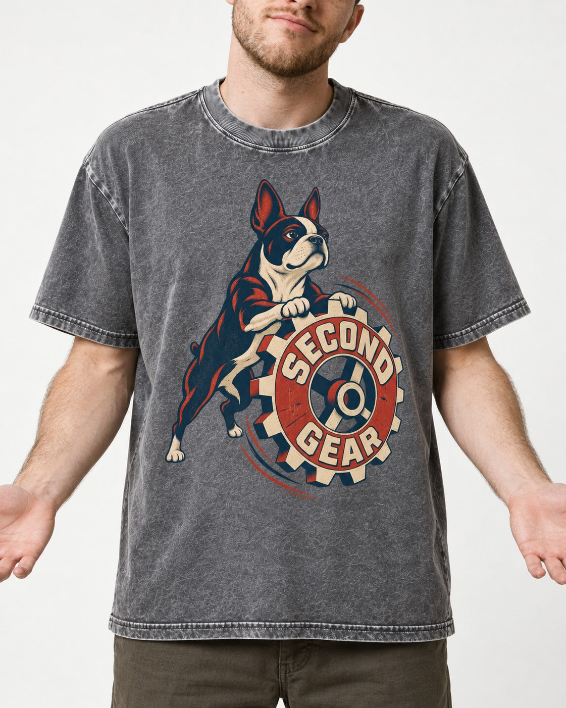 Second Gear Boston Terrier Graphic Washed Tee in Gray, worn by a model, front view