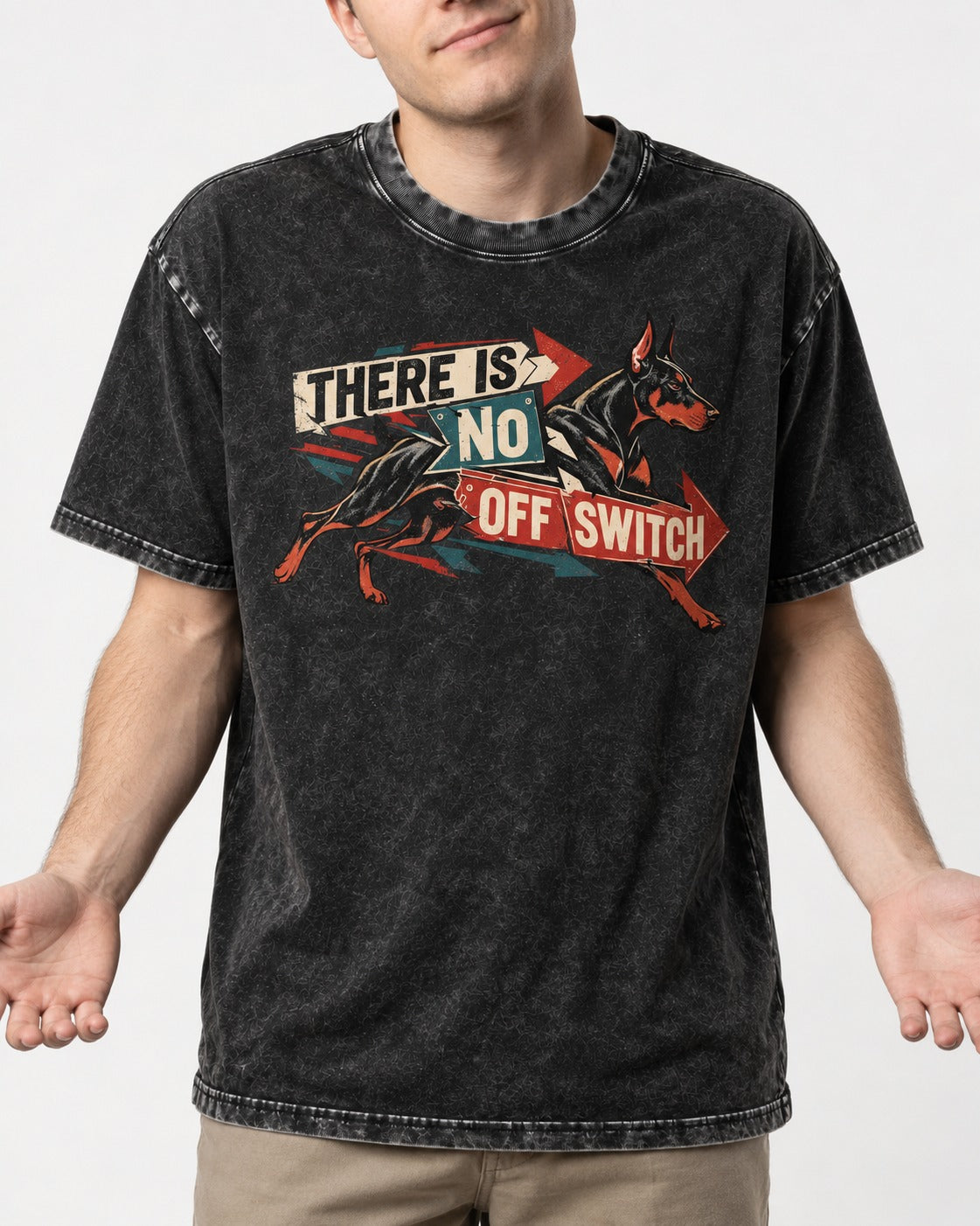 Doberman There Is No Off Switch Arrow Sprint Graphic Washed Tee in Black, worn by a model, front view