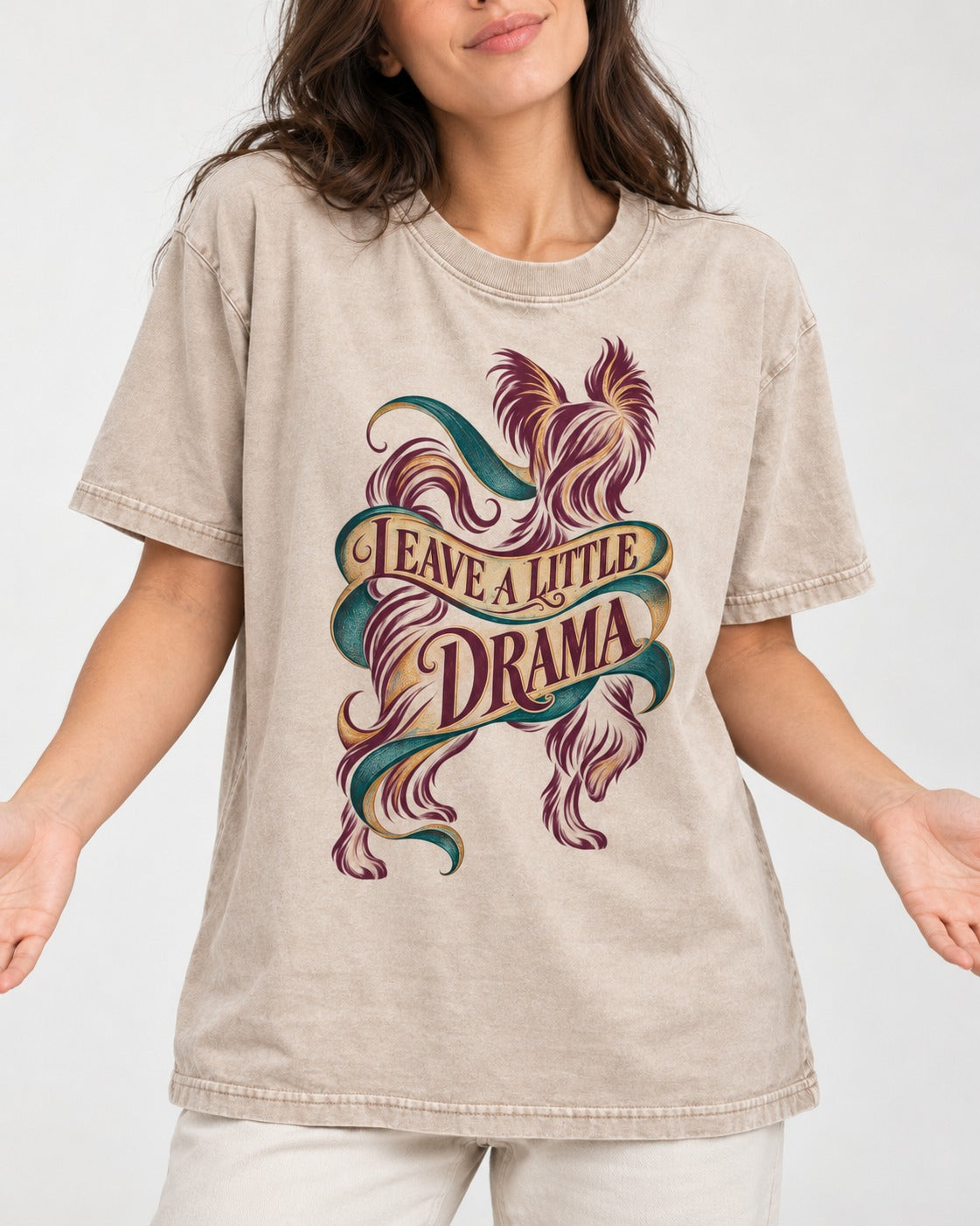 Leave a Little Drama Yorkshire Terrier Washed Tee in Apricot, worn by a model, front view