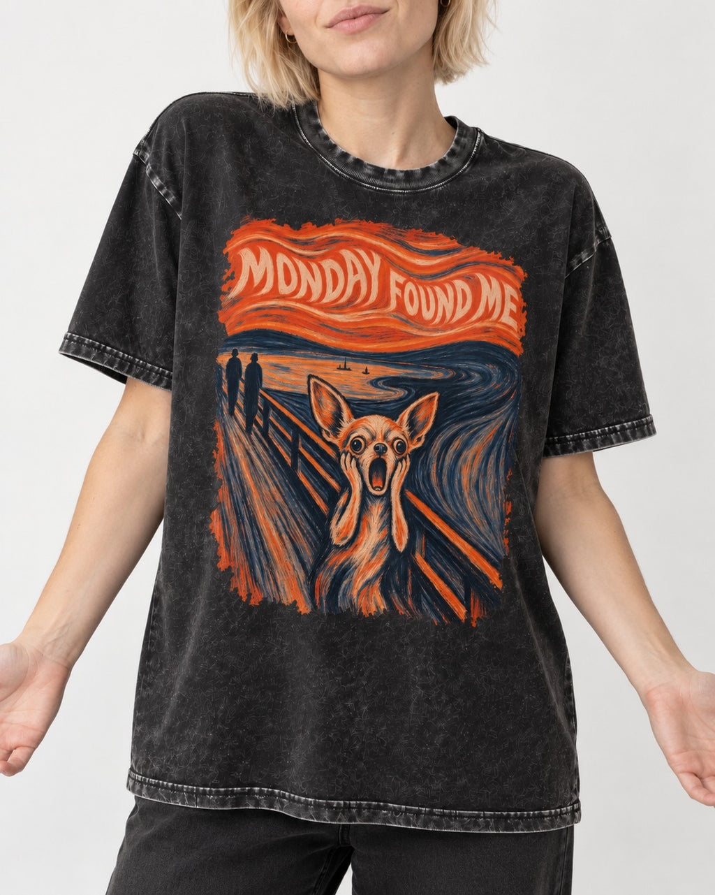 Monday Found Me Chihuahua Scream Banner Washed Tee in Black, worn by a model, front view