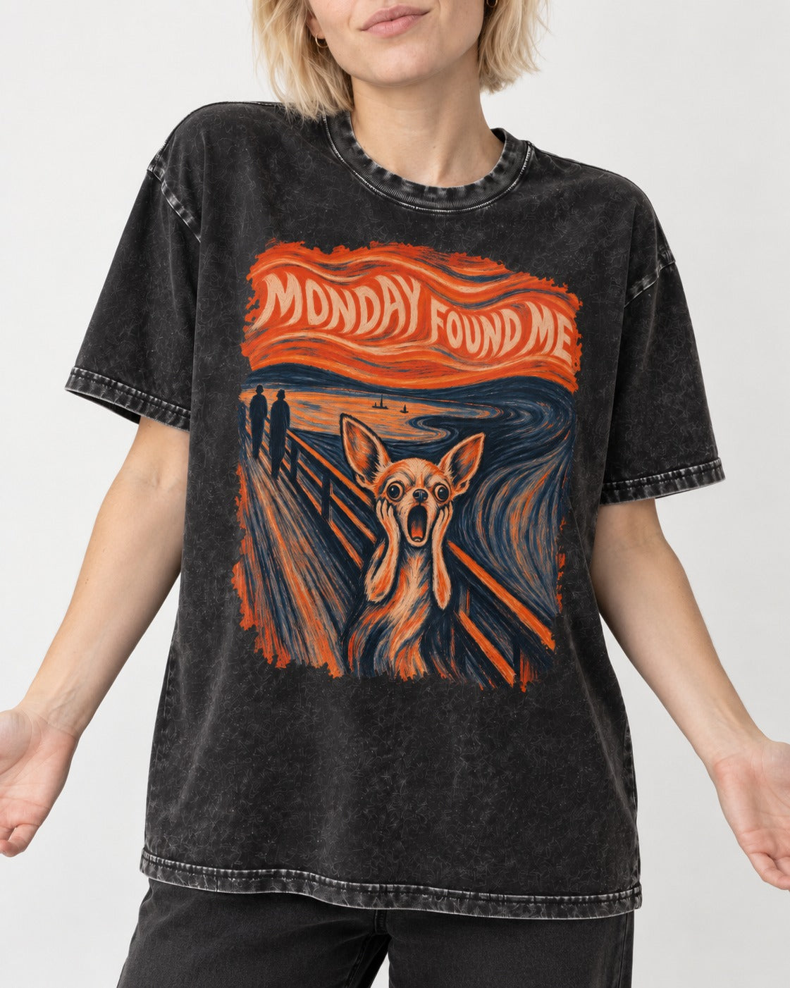 Monday Found Me Chihuahua Scream Banner Washed Tee in Black, worn by a model, front view