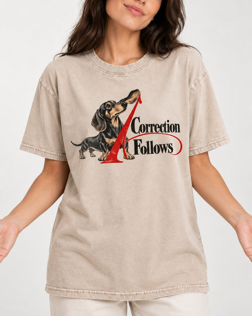 A Dachshund Correction Follows Washed Tee in Apricot, worn by a model, front view