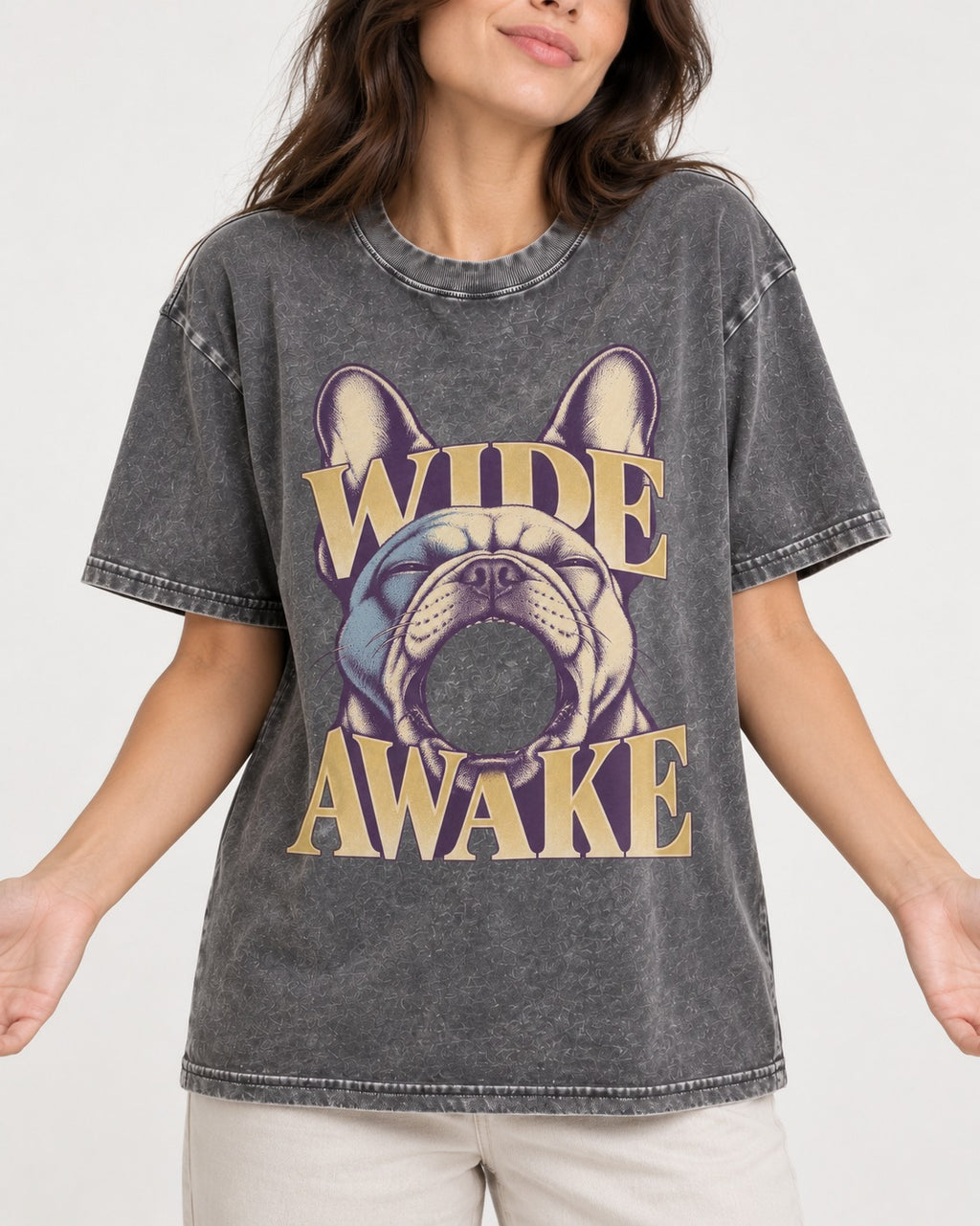 Frenchie Wide Awake Yawn Graphic Washed Tee in Gray, worn by a model, front view
