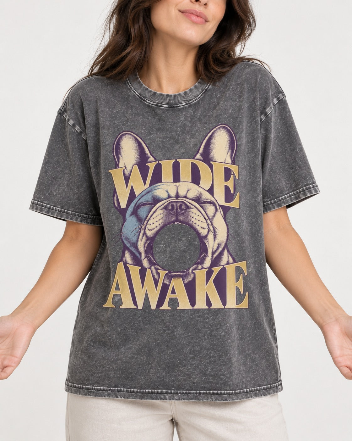 Frenchie Wide Awake Yawn Graphic Washed Tee in Gray, worn by a model, front view