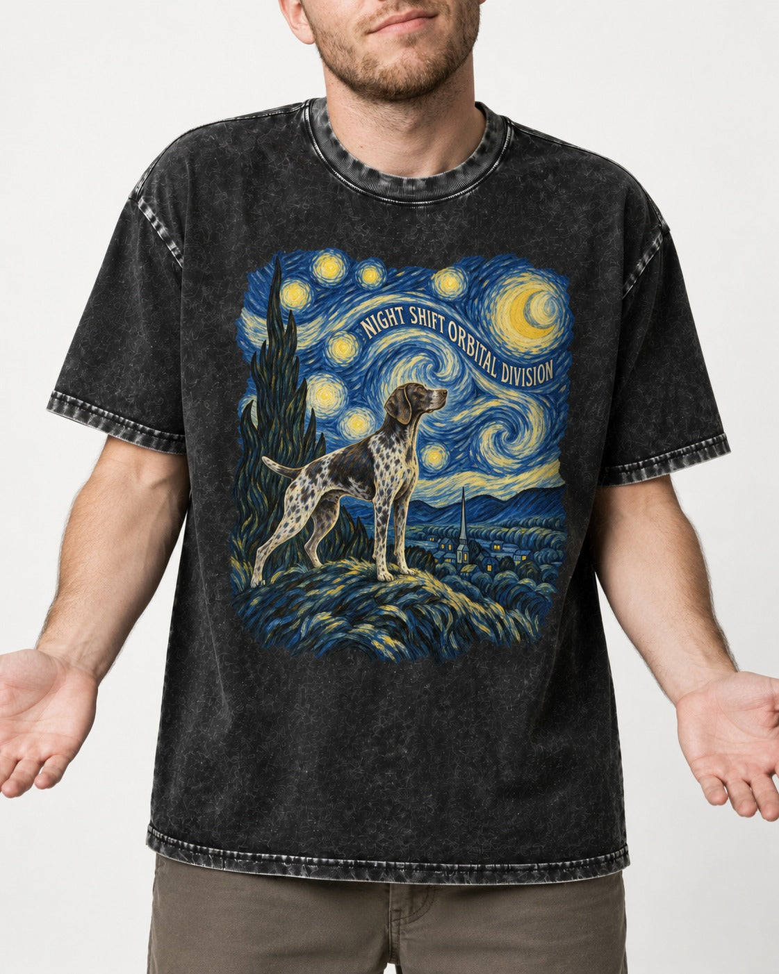 German Shorthaired Pointer Night Shift Orbital Division Starry Night Graphic Washed Tee in Black, worn by a model, front view