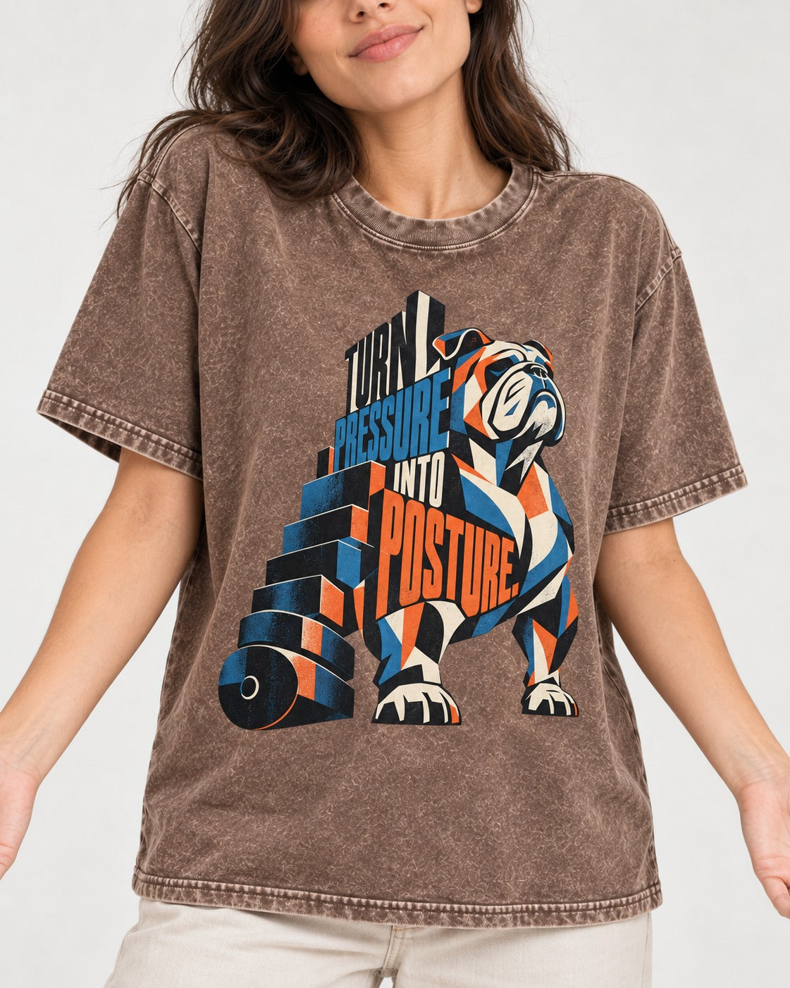 Turn Pressure Into Posture English Bulldog Washed Tee in Coffee, worn by a model, front view