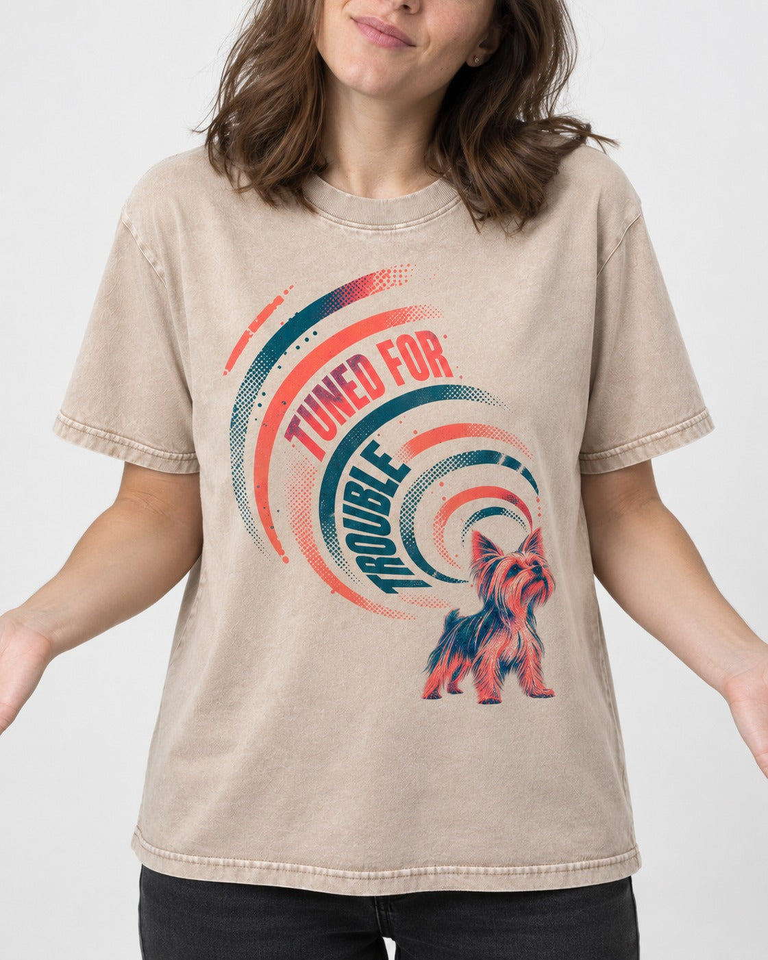 Yorkshire Terrier Tuned for Trouble Washed Tee in Apricot, worn by a model, front view