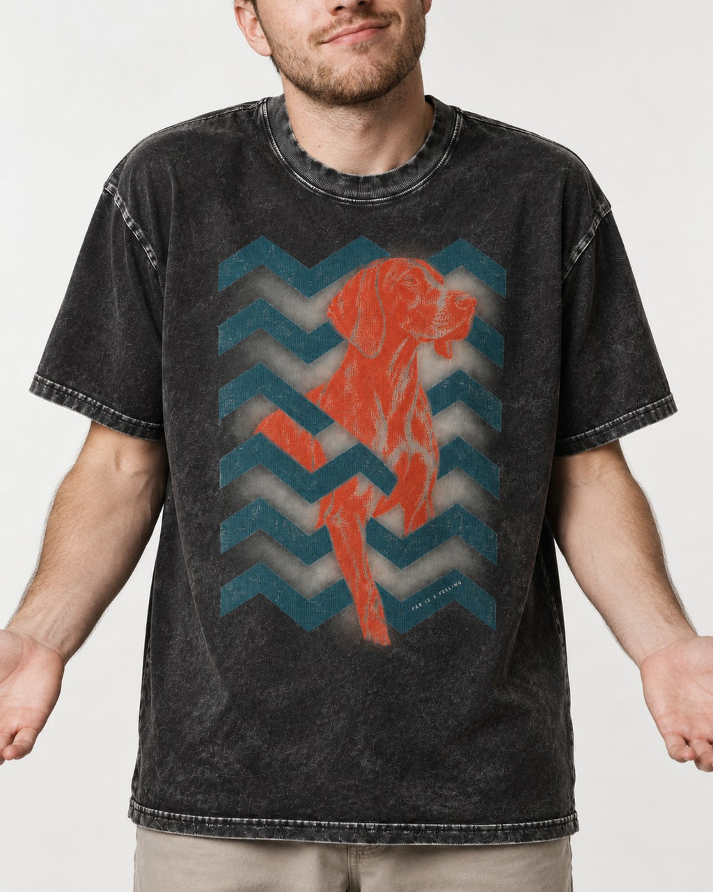 German Shorthaired Pointer Far Is a Feeling Chevron Graphic Washed Tee in Black, worn by a model, front view