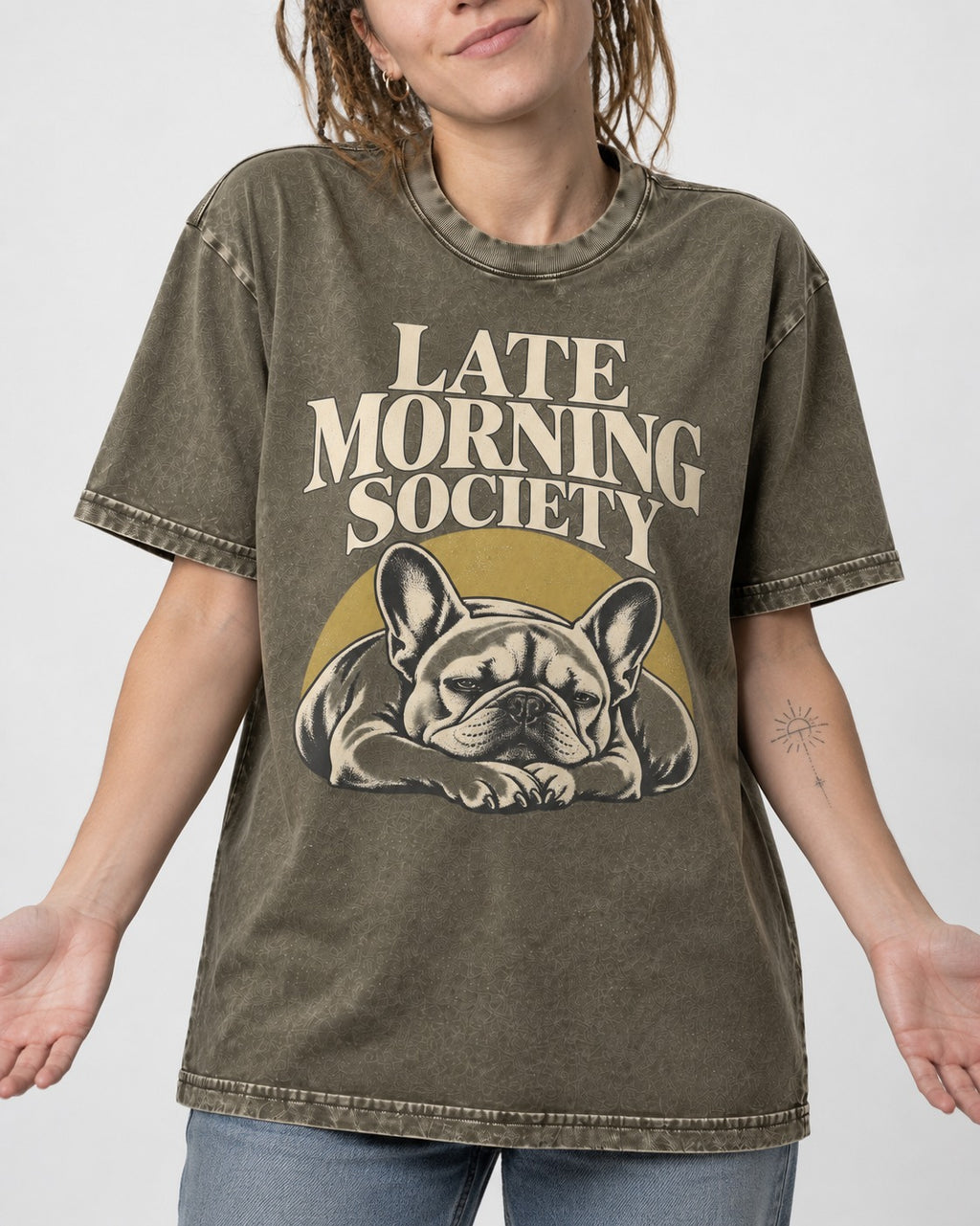 Frenchie Late Morning Society Graphic Washed Tee in Army Green, worn by a model, front view