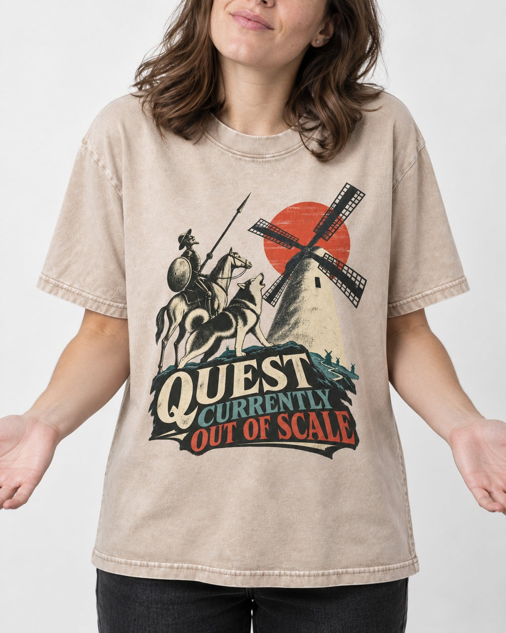 Husky Quest Out of Scale Washed Tee in Apricot, worn by a model, front view
