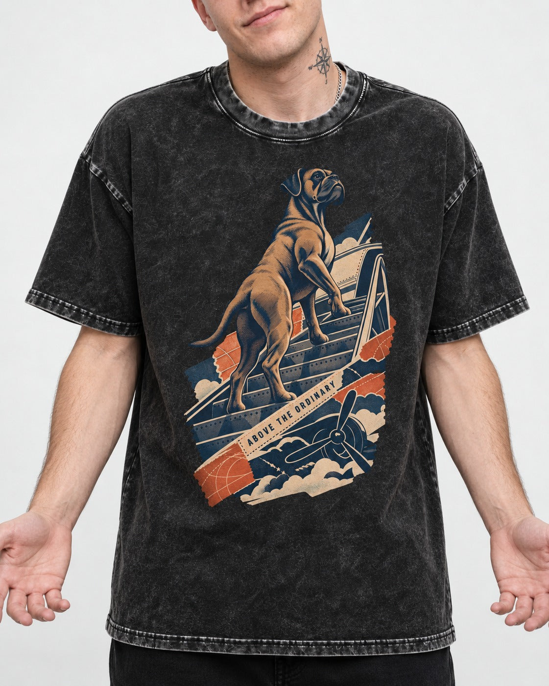 Above the Ordinary Boxer Aviation Graphic Washed Tee in Black, worn by a model, front view