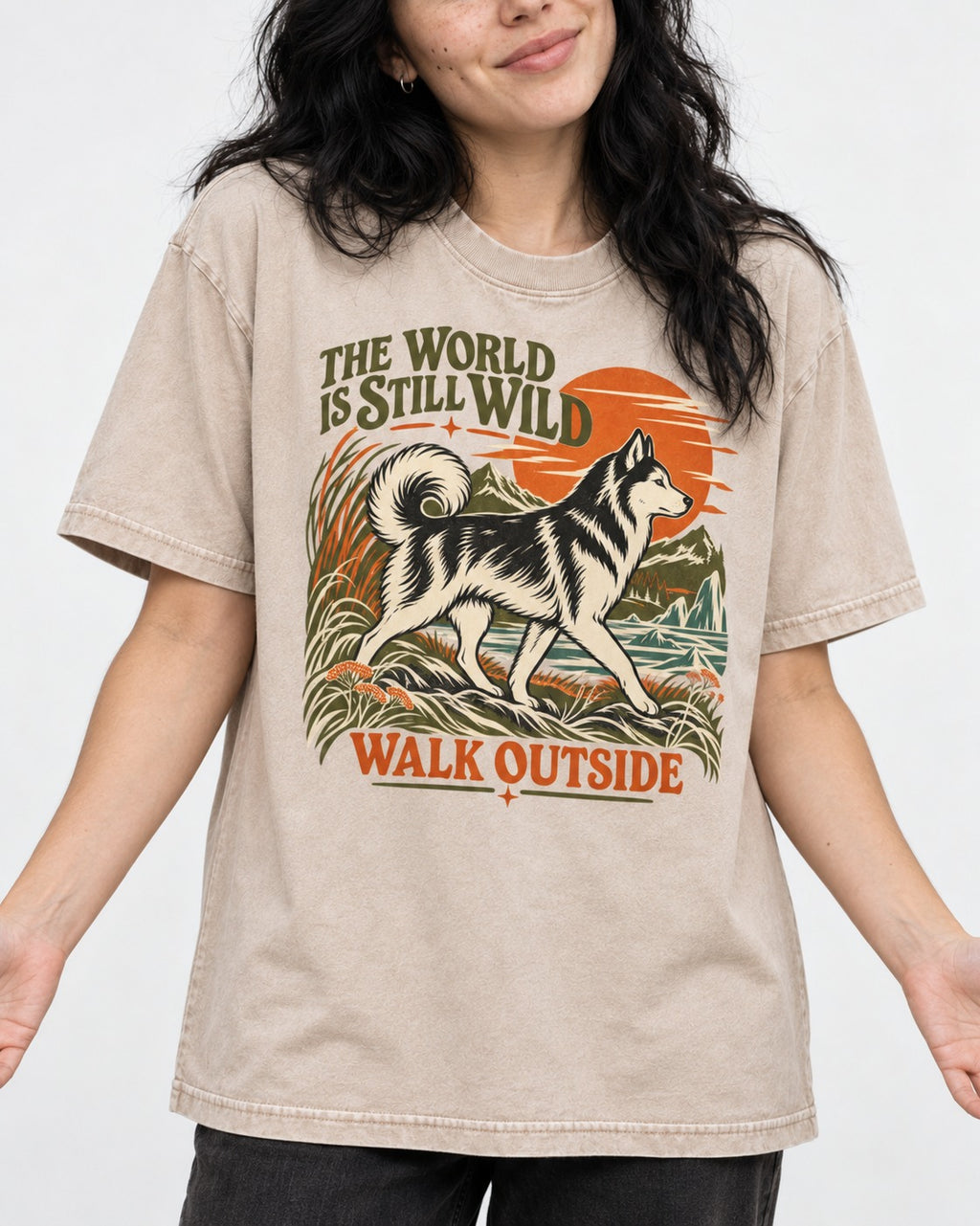 Walk Outside with Husky Washed Tee in Apricot, worn by a model, front view