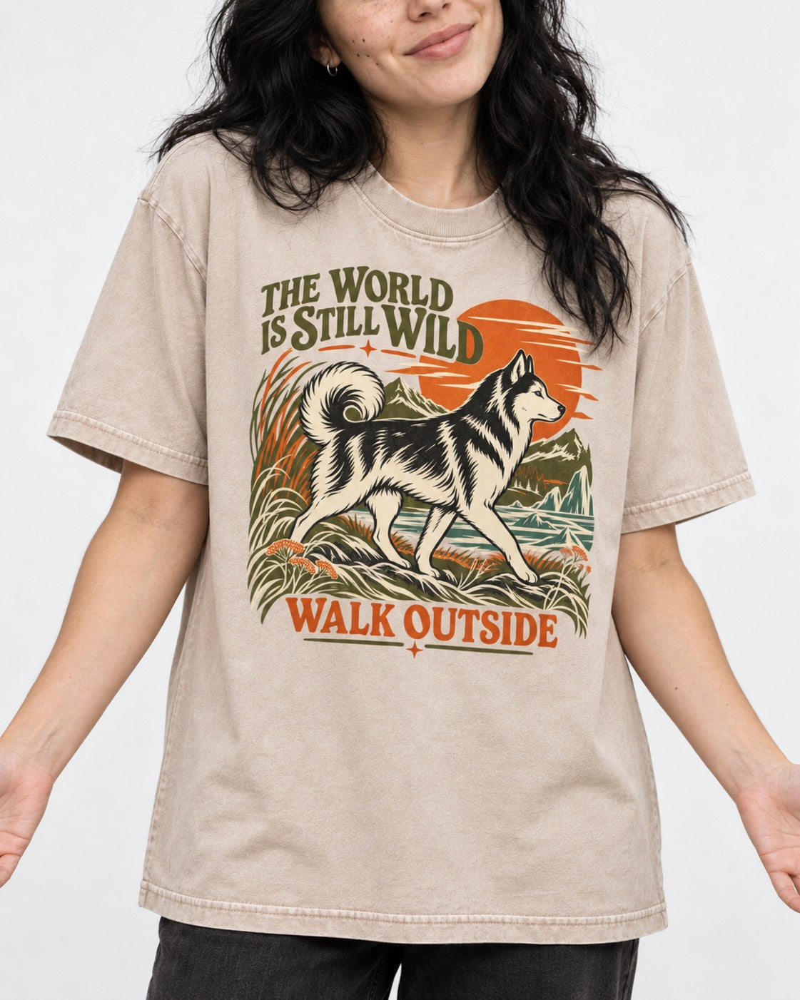 Walk Outside with Husky Washed Tee in Apricot, worn by a model, front view