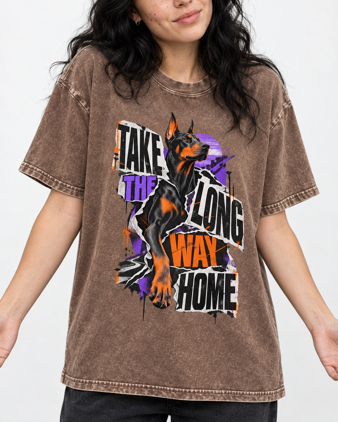 Doberman Long Way Home Washed Tee in Coffee, worn by a model, front view