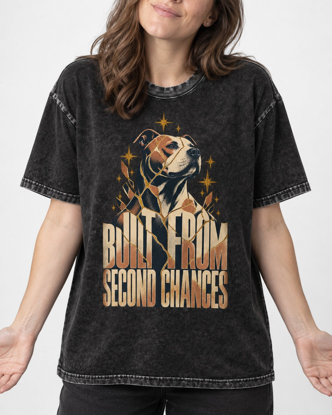 Pitbull Built from Second Chances Kintsugi Graphic Washed Tee in Black, worn by a model, front view