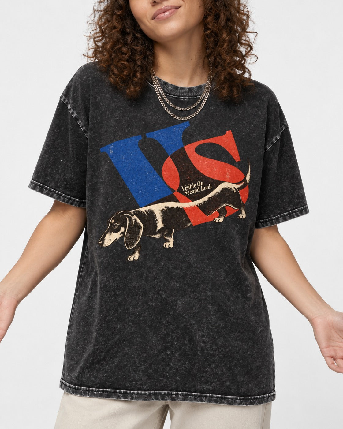 Dachshund VS Visible On Second Look Graphic Washed Tee in Black, worn by a model, front view