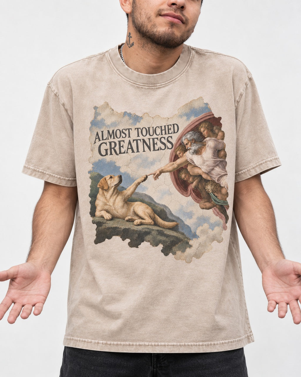 Labrador Retriever Almost Touched Greatness Washed Tee in Apricot, worn by a model, front view