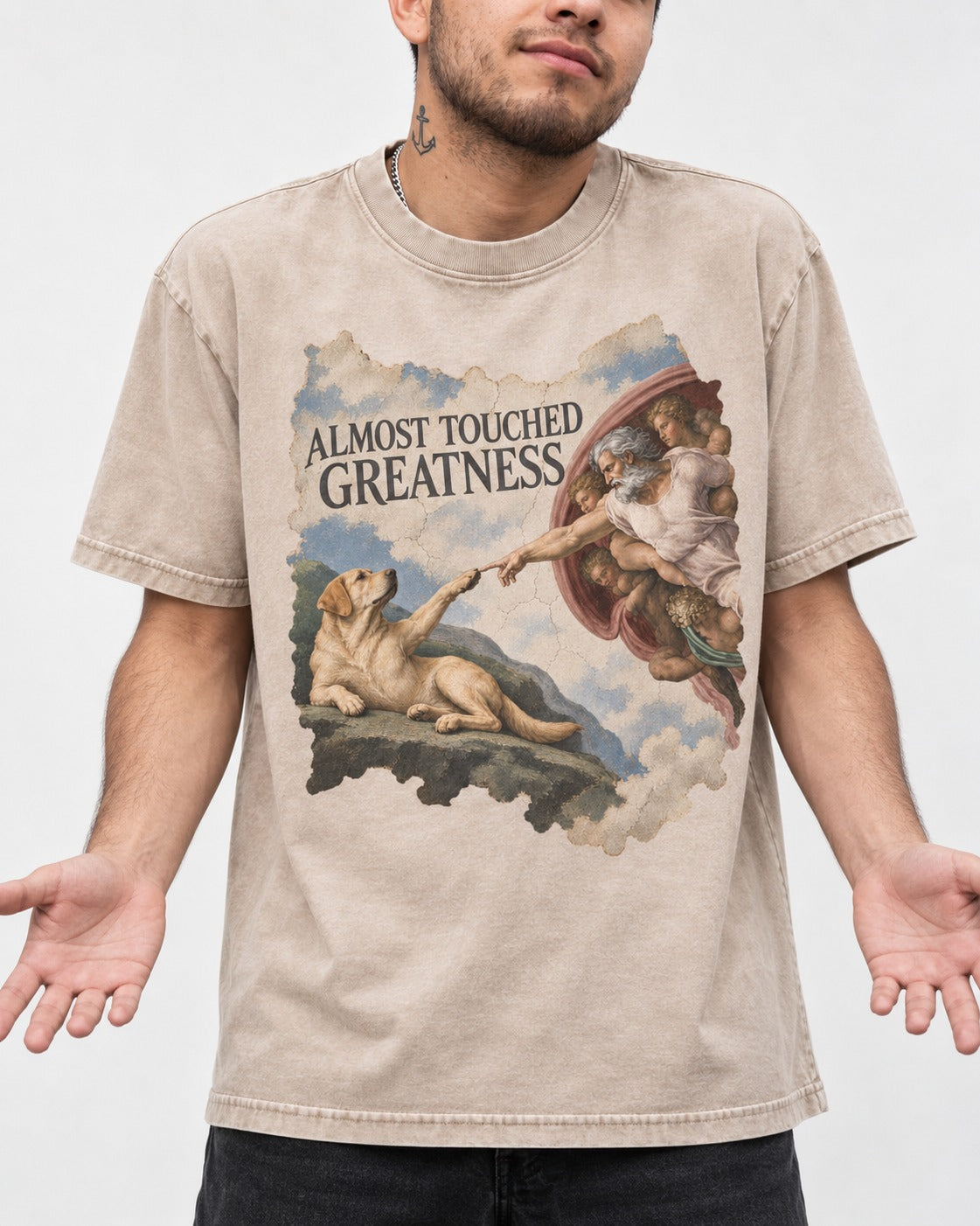 Labrador Retriever Almost Touched Greatness Washed Tee in Apricot, worn by a model, front view