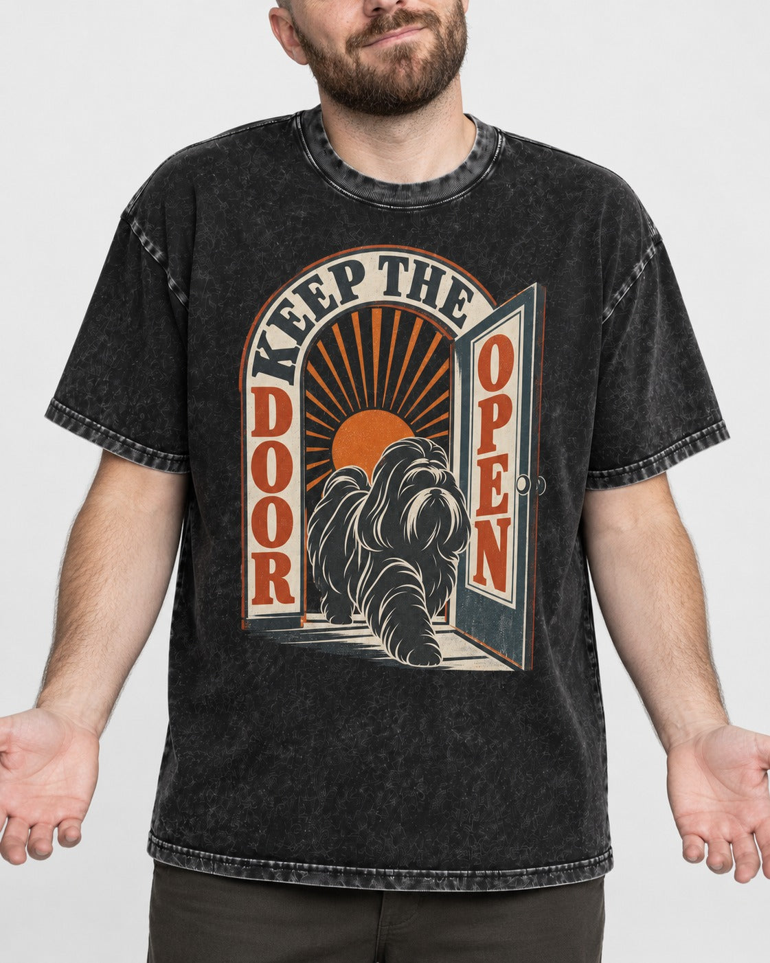 Shih Tzu Keep the Door Open Retro Doorway Graphic Washed Tee in Black, worn by a model, front view