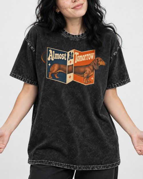 Almost at Tomorrow Dachshund Washed Tee in Black, worn by a model, front view