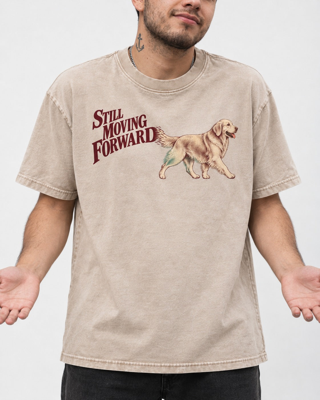 Golden Retriever Still Moving Forward Washed Tee in Apricot, worn by a model, front view
