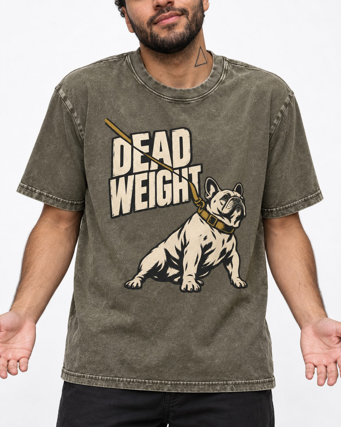 Frenchie Dead Weight Leash Graphic Washed Tee in Army Green, worn by a model, front view