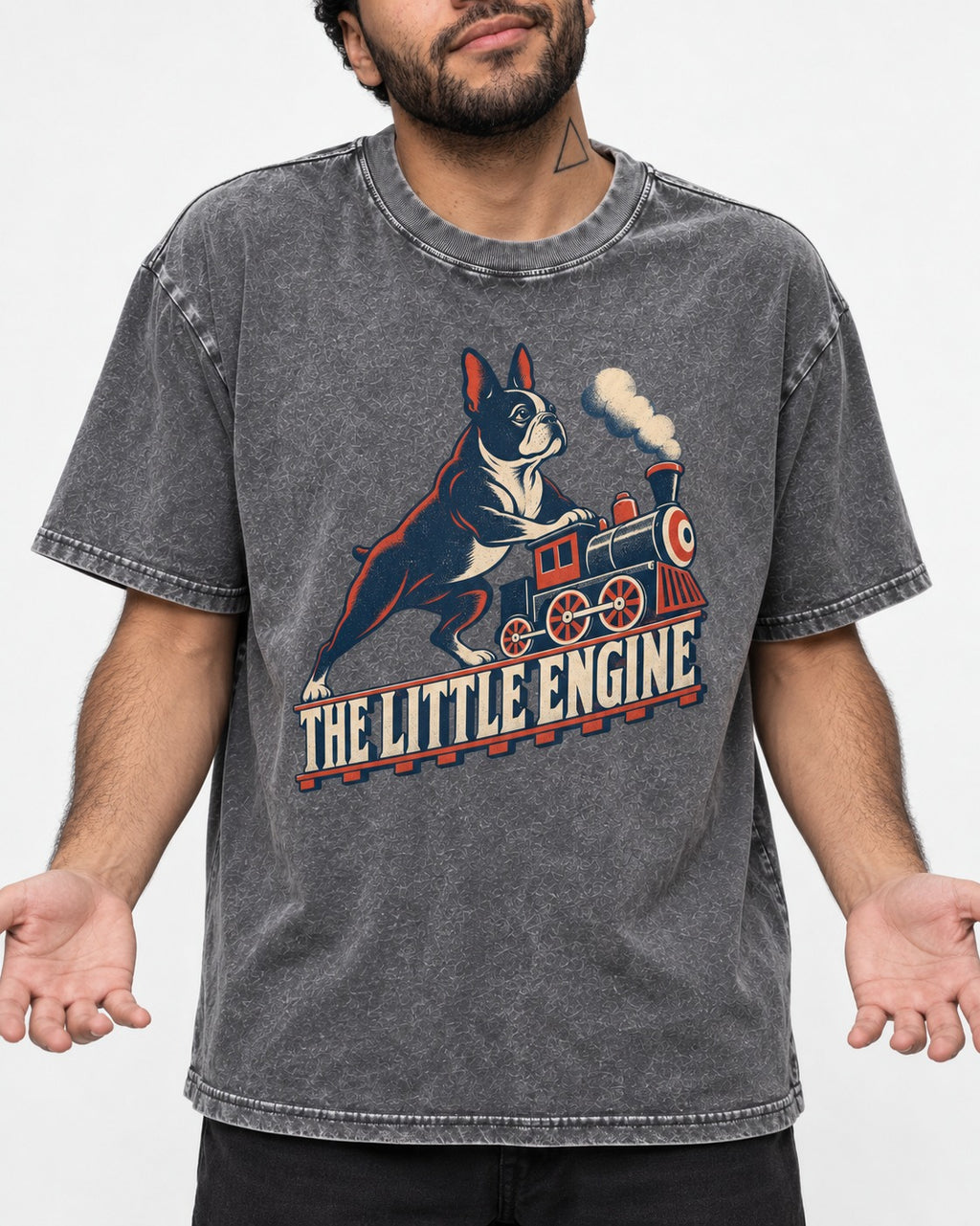 Boston Terrier The Little Engine Washed Tee in Gray, worn by a model, front view