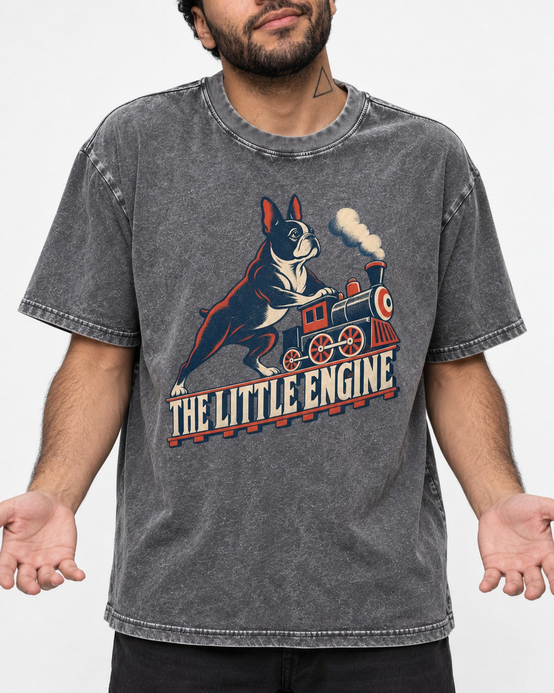 Boston Terrier The Little Engine Washed Tee in Gray, worn by a model, front view