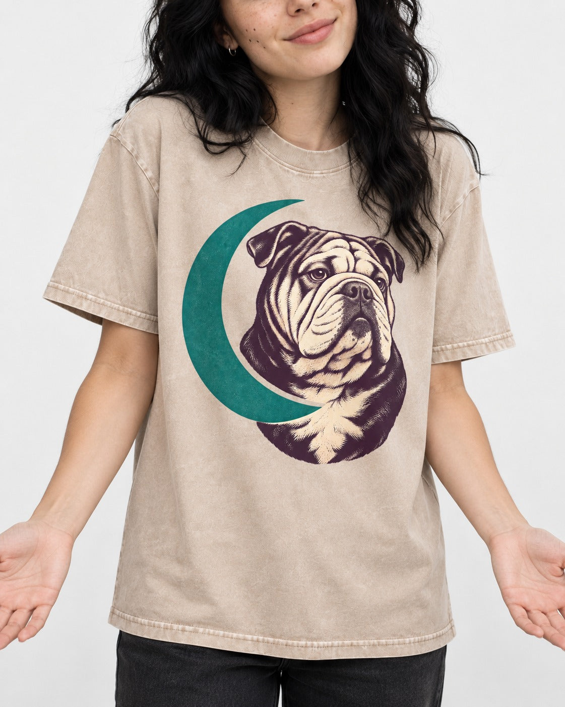 Moonstruck English Bulldog Washed Tee in Apricot, worn by a model, front view