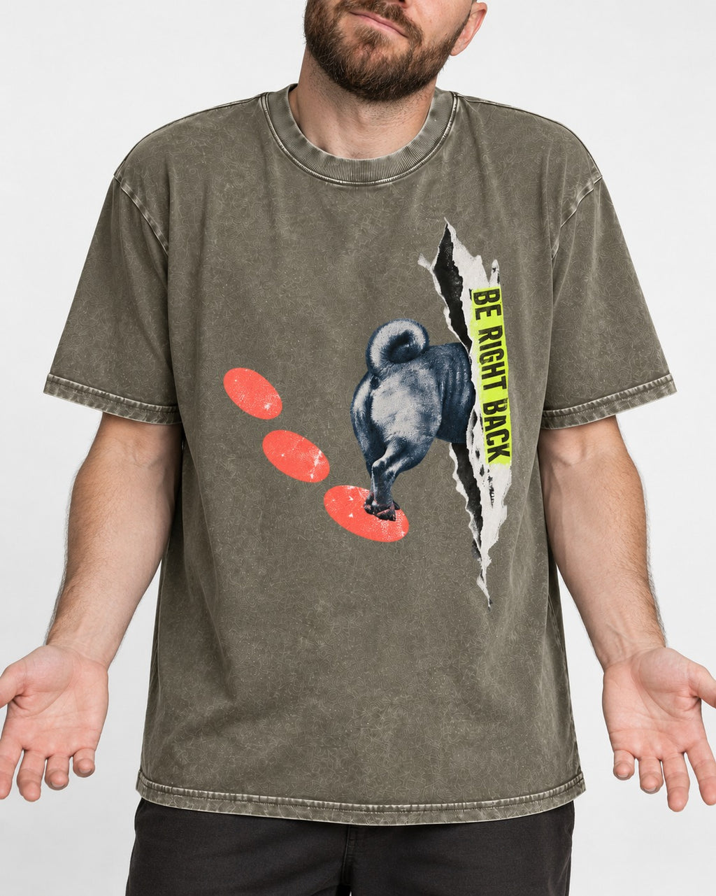 Pug Be Right Back Torn Portal Graphic Washed Tee in Army Green, worn by a model, front view
