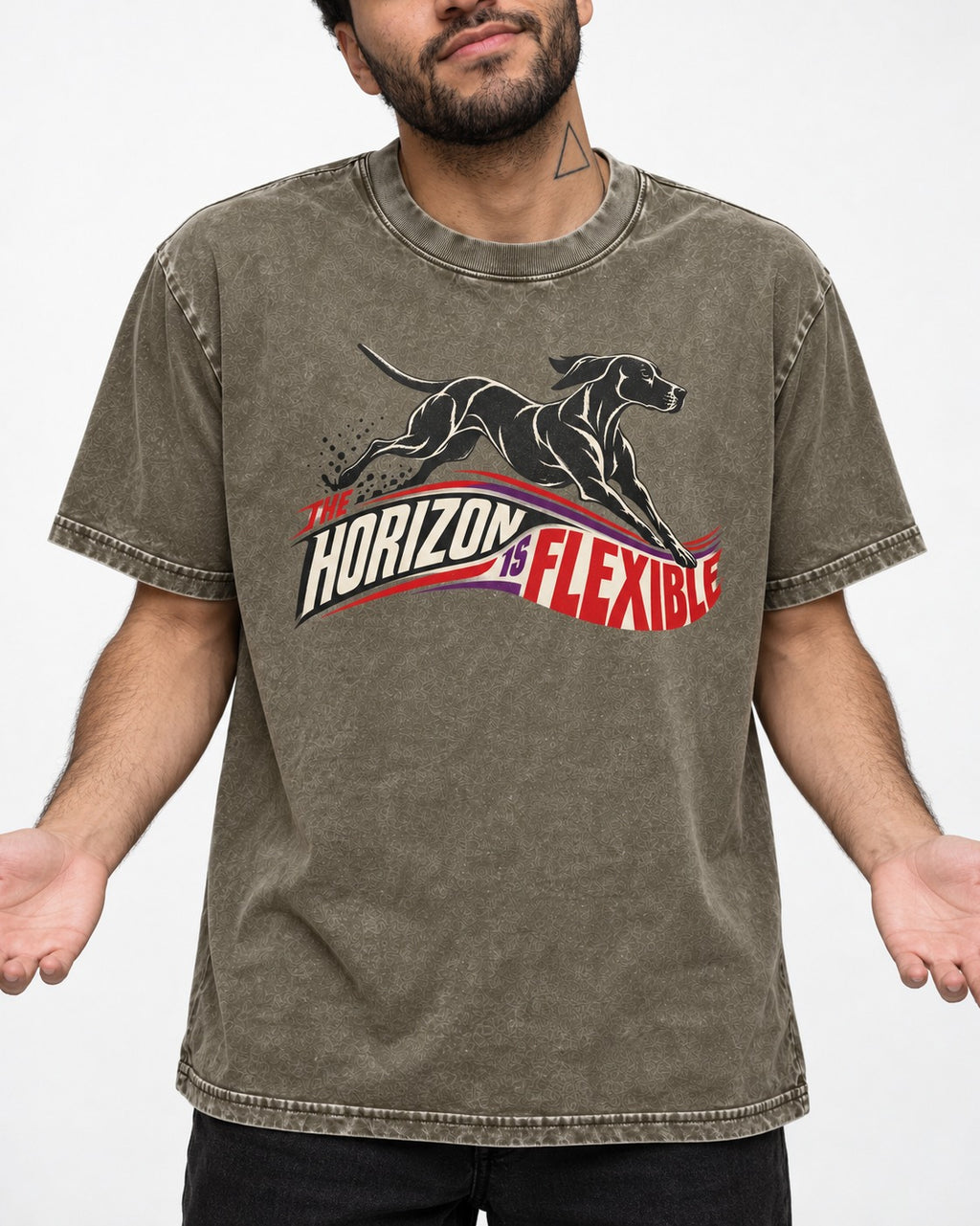 German Shorthaired Pointer The Horizon Is Flexible Racing Ribbon Graphic Washed Tee in Army Green, worn by a model, front view
