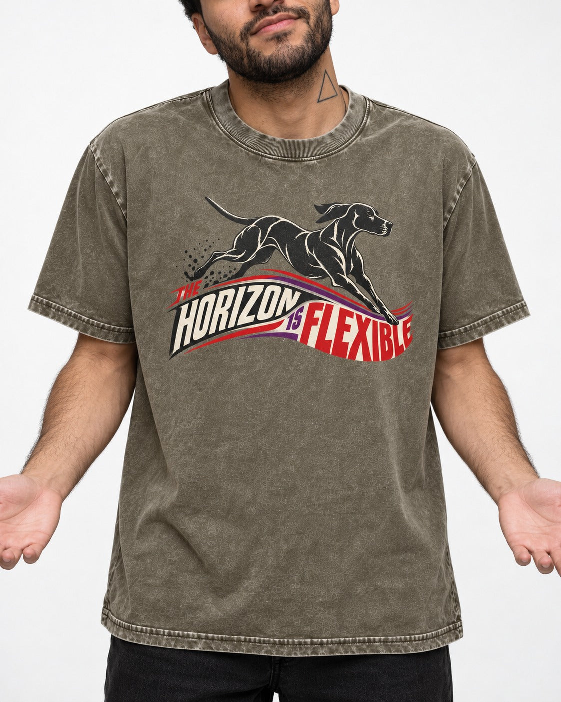 German Shorthaired Pointer The Horizon Is Flexible Racing Ribbon Graphic Washed Tee in Army Green, worn by a model, front view