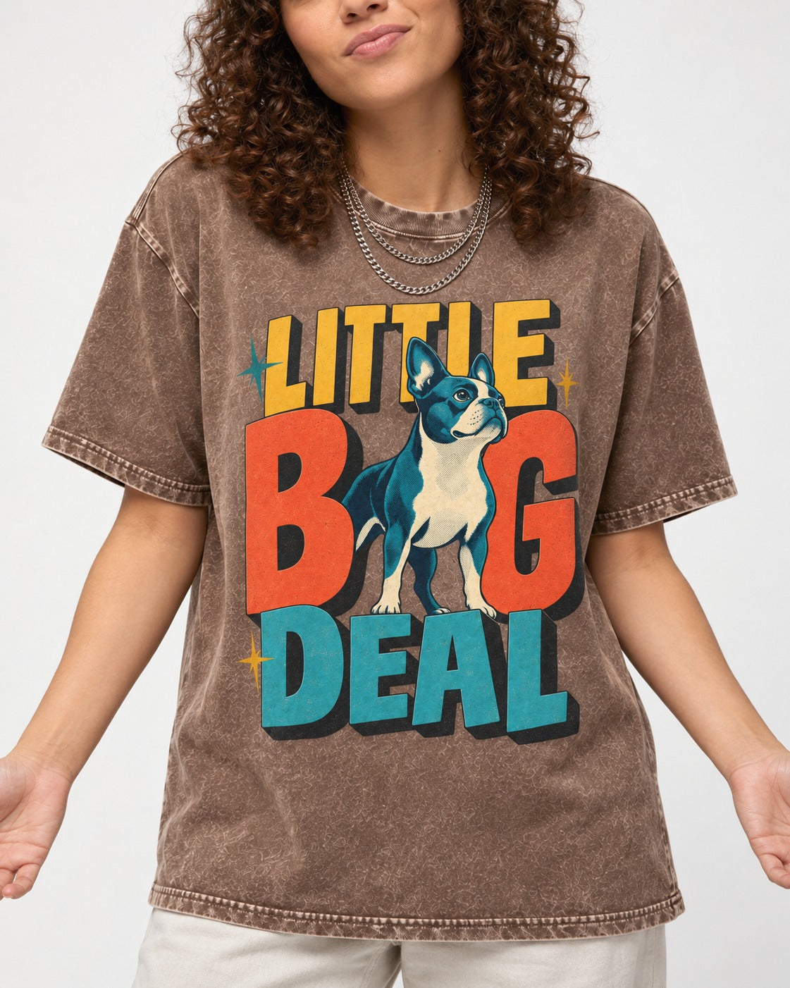 Boston Terrier Little Big Deal Washed Tee in Coffee, worn by a model, front view