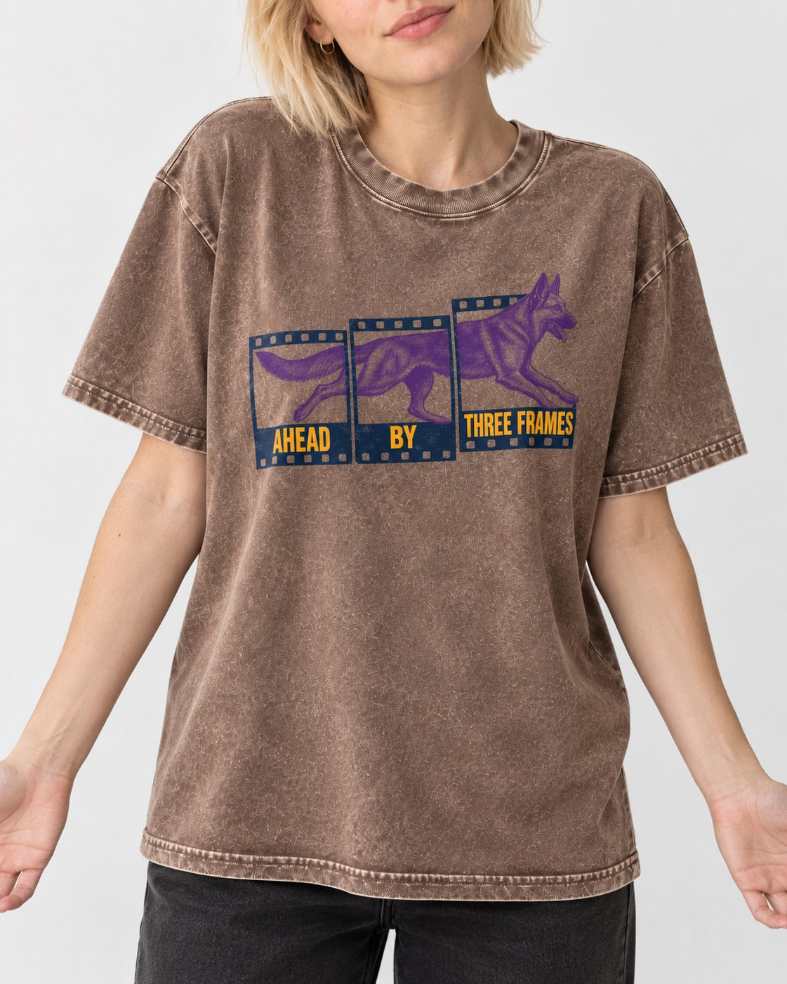 German Shepherd Dog Ahead by Three Frames Washed Tee in Coffee, worn by a model, front view