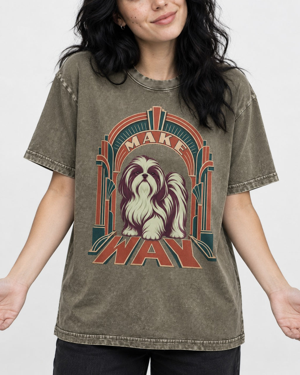 Shih Tzu Make Way Art Deco Arch Portrait Washed Tee in Army Green, worn by a model, front view