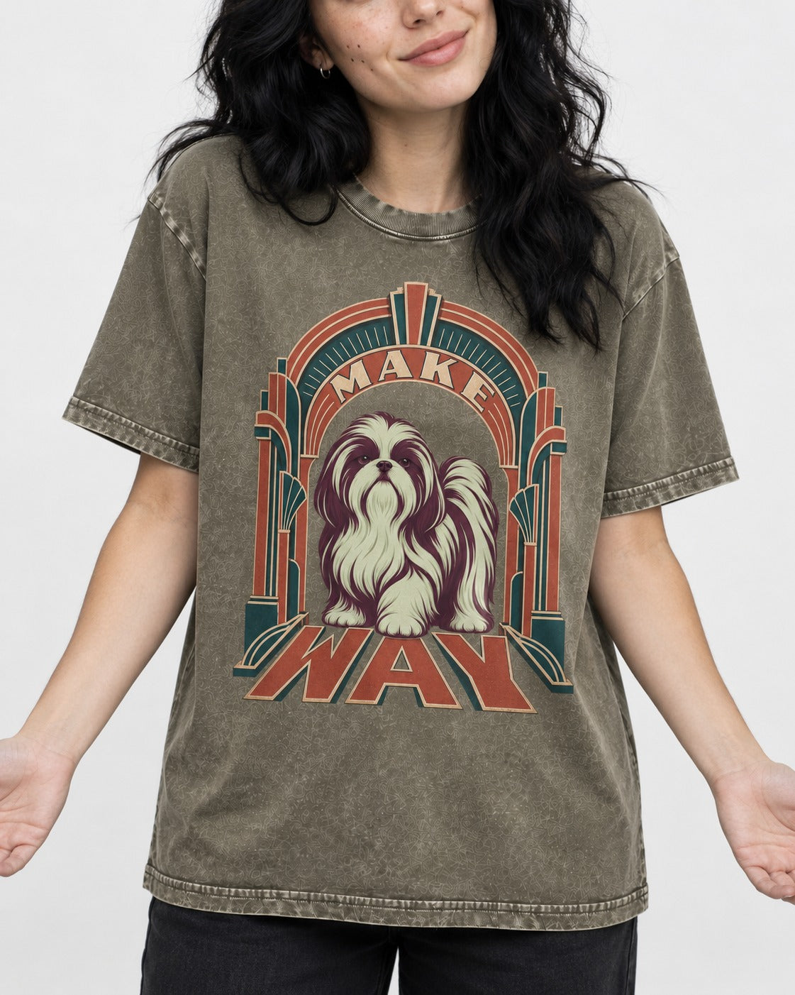 Shih Tzu Make Way Art Deco Arch Portrait Washed Tee in Army Green, worn by a model, front view